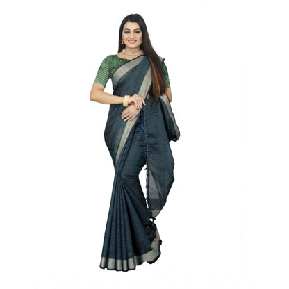 Generic Women's Cotton Blend Solid/Plain Saree With Unstitched Blouse 5.5Mtr (Dark Green)