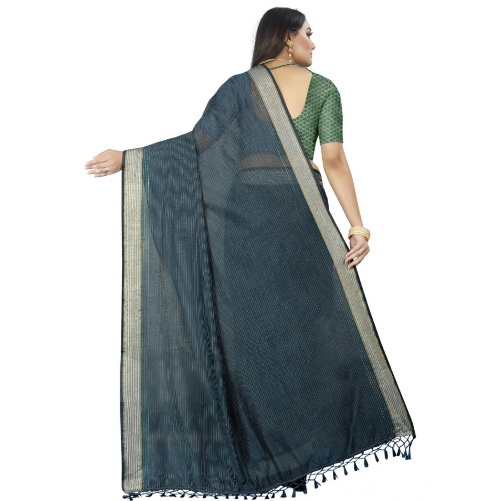 Generic Women's Cotton Blend Solid/Plain Saree With Unstitched Blouse 5.5Mtr (Dark Green)