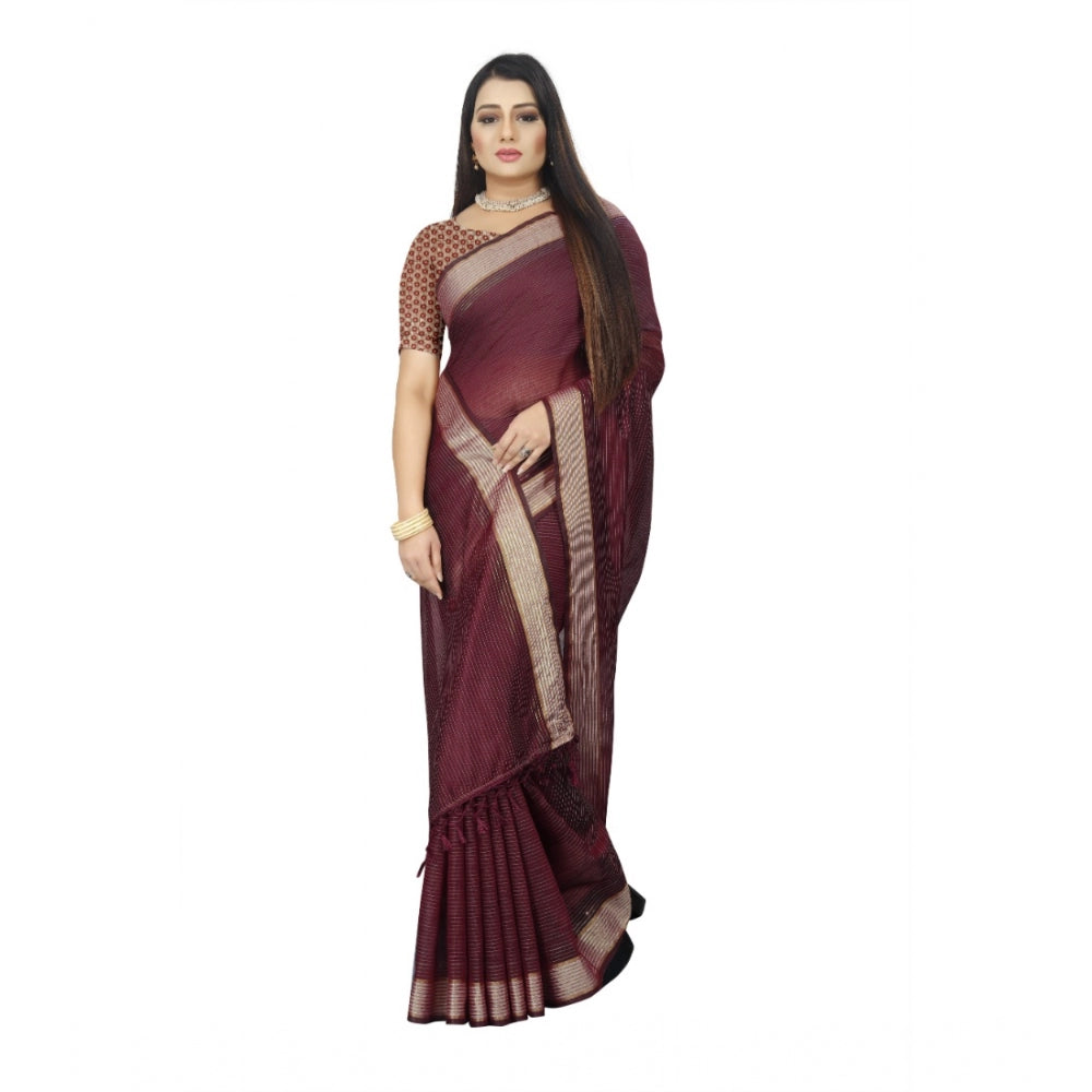 Generic Women's Cotton Blend Solid/Plain Saree With Unstitched Blouse 5.5Mtr (Brown)