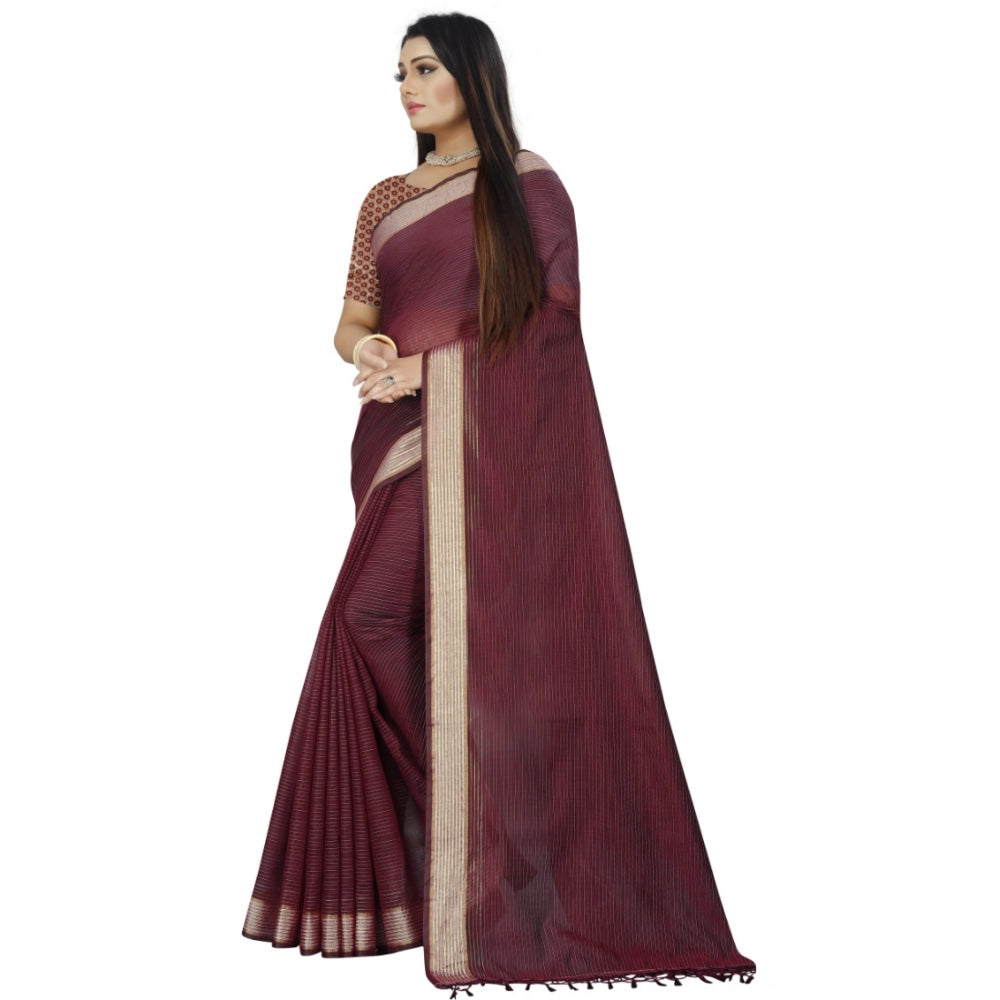 Generic Women's Cotton Blend Solid/Plain Saree With Unstitched Blouse 5.5Mtr (Brown)