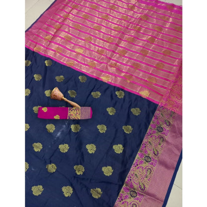 Generic Women's Silk Blend Woven Saree With Unstitched Blouse 5.5Mtr (Dark Blue)