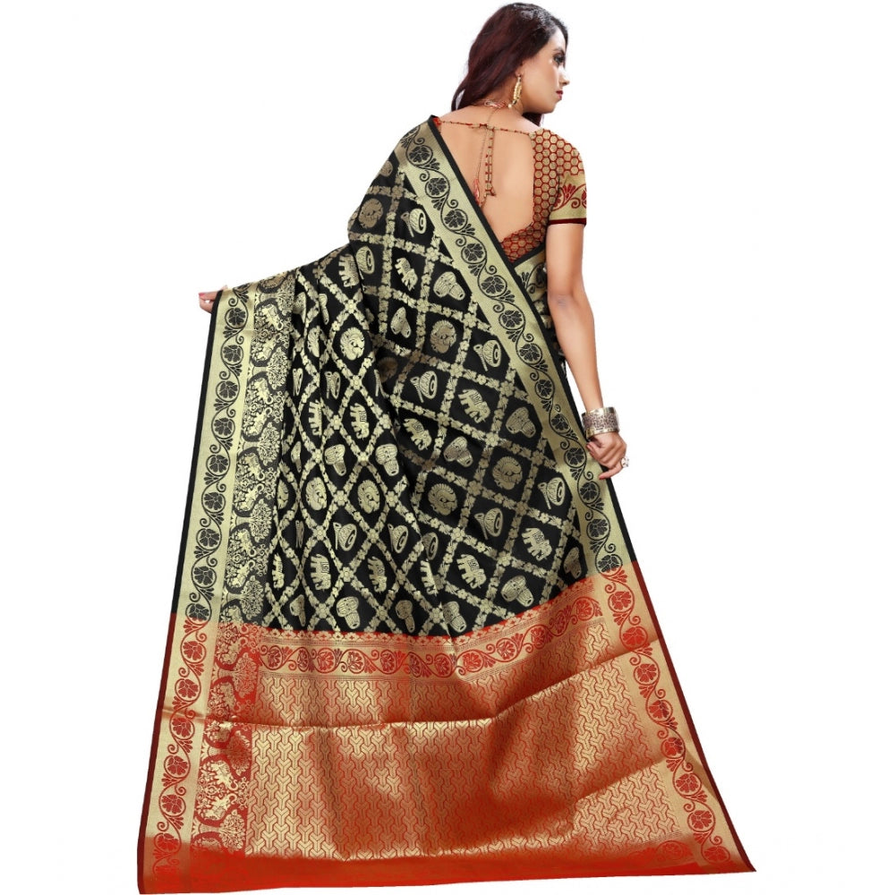 Generic Women's Jacquard Woven Saree With Unstitched Blouse 5.5Mtr (Black)