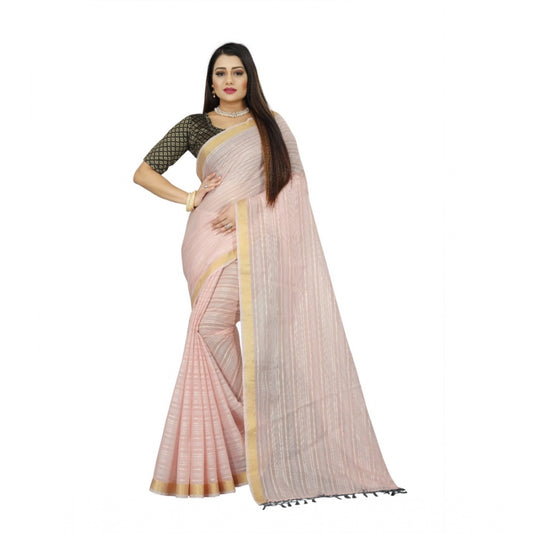 Generic Women's Cotton Blend Solid/Plain Saree With Unstitched Blouse 5.5Mtr (Pink)