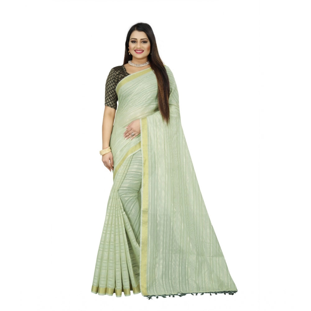 Generic Women's Cotton Blend Solid/Plain Saree With Unstitched Blouse 5.5Mtr (Green)