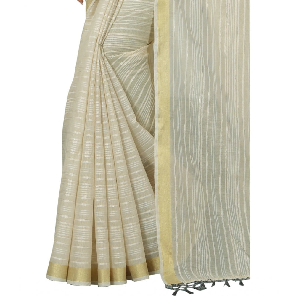 Generic Women's Cotton Blend Solid/Plain Saree With Unstitched Blouse 5.5Mtr (Cream)