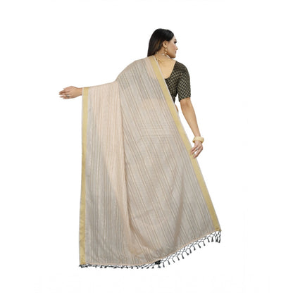 Generic Women's Cotton Blend Solid/Plain Saree With Unstitched Blouse 5.5Mtr (Beige)