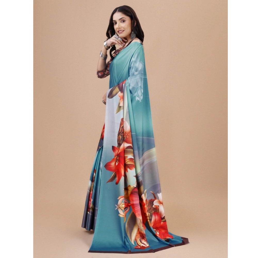 Generic Women's Crepe Digital Print Saree With Unstitched Blouse 5.5Mtr (Blue)