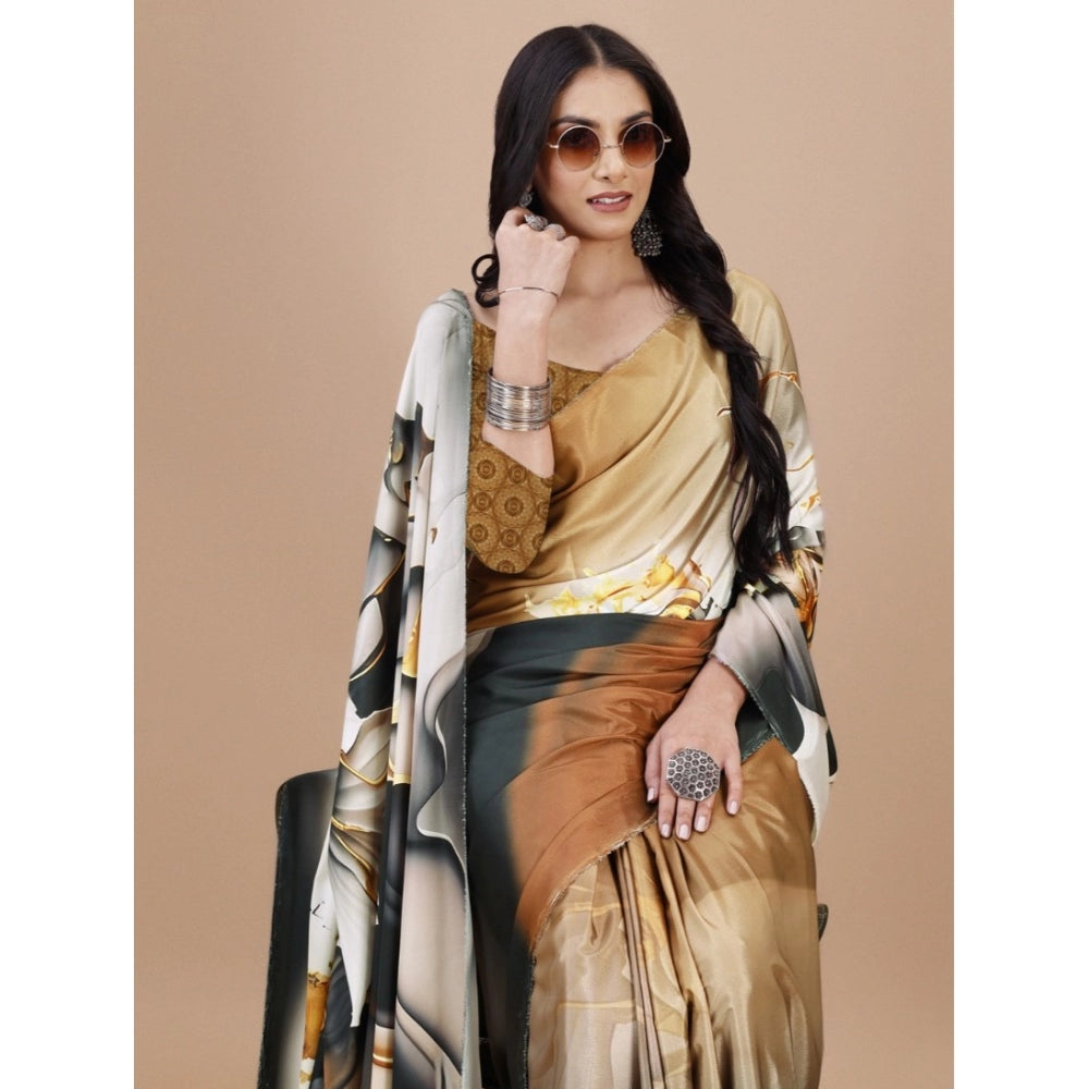 Generic Women's Crepe Digital Print Saree With Unstitched Blouse 5.5Mtr (Brown)