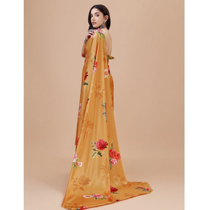 Generic Women's Crepe Digital Print Saree With Unstitched Blouse 5.5Mtr (Mustard)