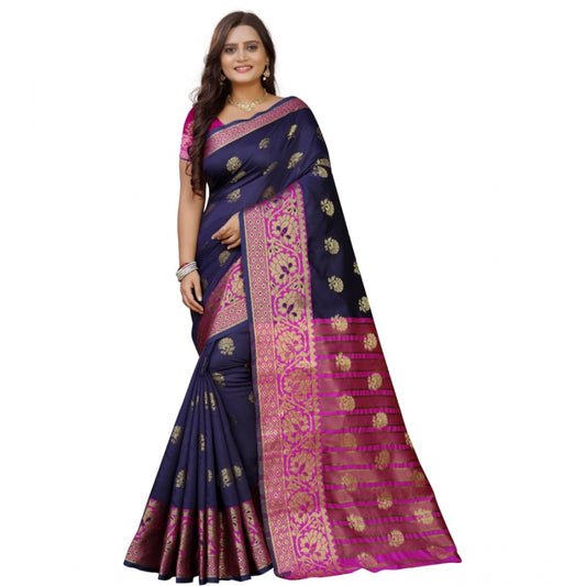 Generic Women's Silk Blend Woven Saree With Unstitched Blouse 5.5Mtr (Dark Blue-Pink)