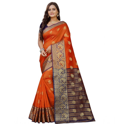 Generic Women's Silk Blend Woven Saree With Unstitched Blouse 5.5Mtr (Gold-Orange)