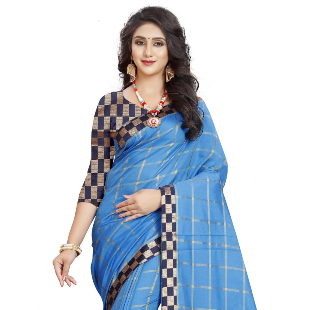 Generic Women's Cotton Silk Checkered Saree With Unstitched Blouse 5.5Mtr (Light Blue)