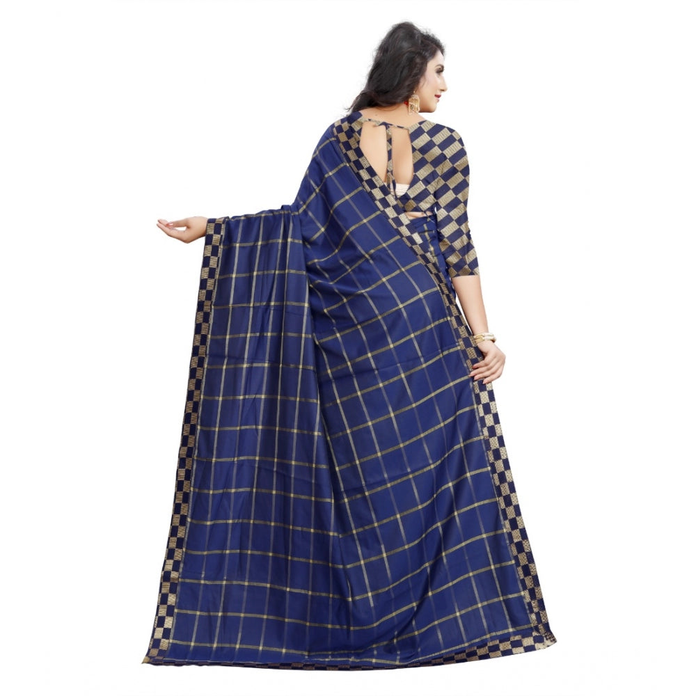 Generic Women's Cotton Silk Checkered Saree With Unstitched Blouse 5.5Mtr (Dark Blue)