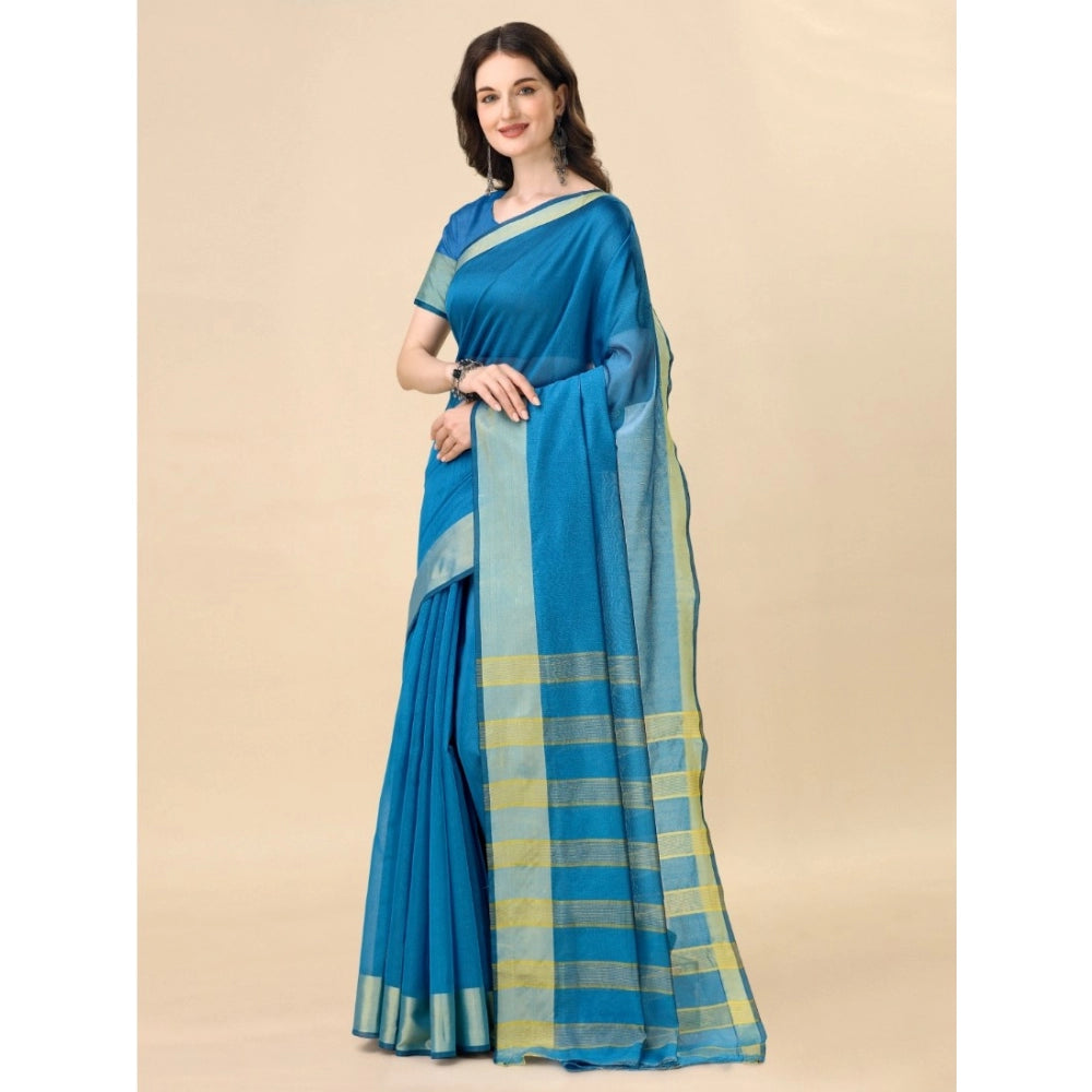 Generic Women's Cotton Silk Striped Saree With Unstitched Blouse 5.5Mtr (Light Blue)