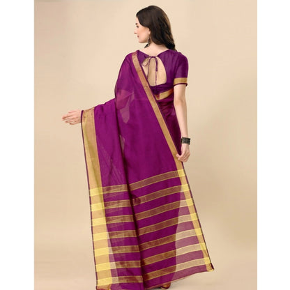 Generic Women's Cotton Silk Striped Saree With Unstitched Blouse 5.5Mtr (Purple)