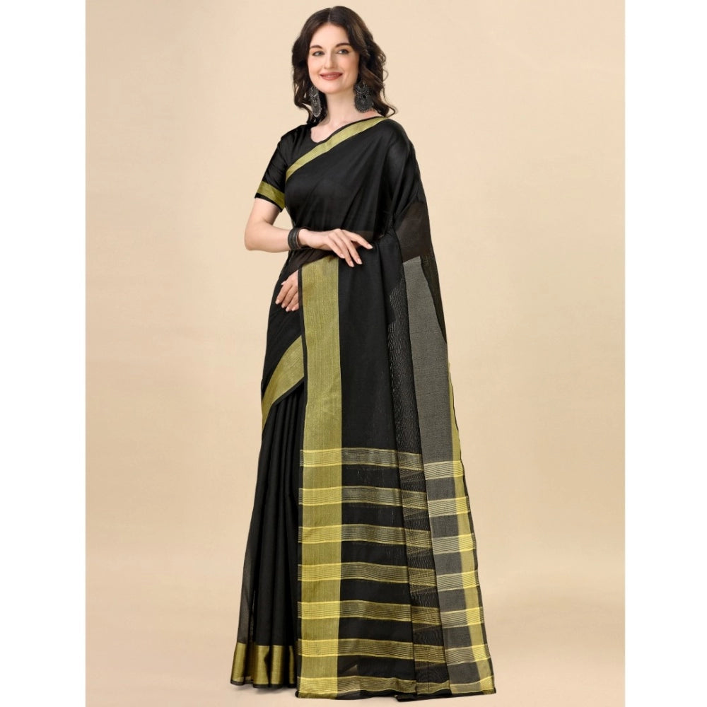 Generic Women's Cotton Silk Striped Saree With Unstitched Blouse 5.5Mtr (Black)