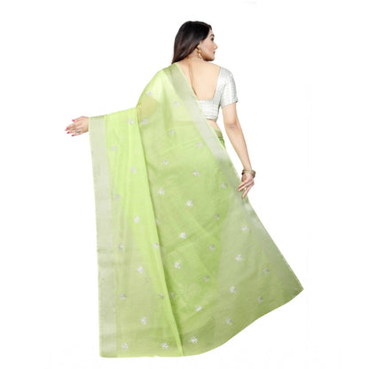 Generic Women's Cotton Silk Embroidered Saree With Unstitched Blouse 5.5Mtr (Light Green)