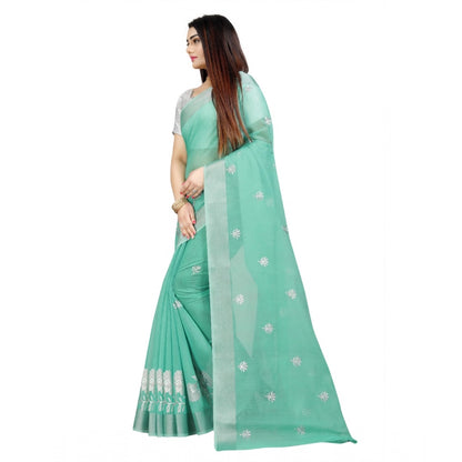 Generic Women's Cotton Silk Embroidered Saree With Unstitched Blouse 5.5Mtr (Light Green)