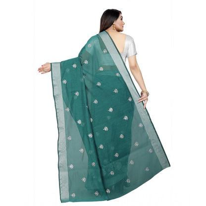 Generic Women's Cotton Silk Embroidered Saree With Unstitched Blouse 5.5Mtr (Dark Green)