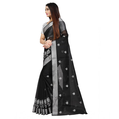 Generic Women's Cotton Silk Embroidered Saree With Unstitched Blouse 5.5Mtr (Black)