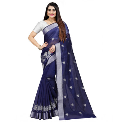 Generic Women's Cotton Silk Embroidered Saree With Unstitched Blouse 5.5Mtr (Blue)