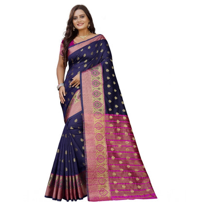 Generic Women's Silk Blend Woven Saree With Unstitched Blouse 5.5Mtr (Dark Blue-Pink)