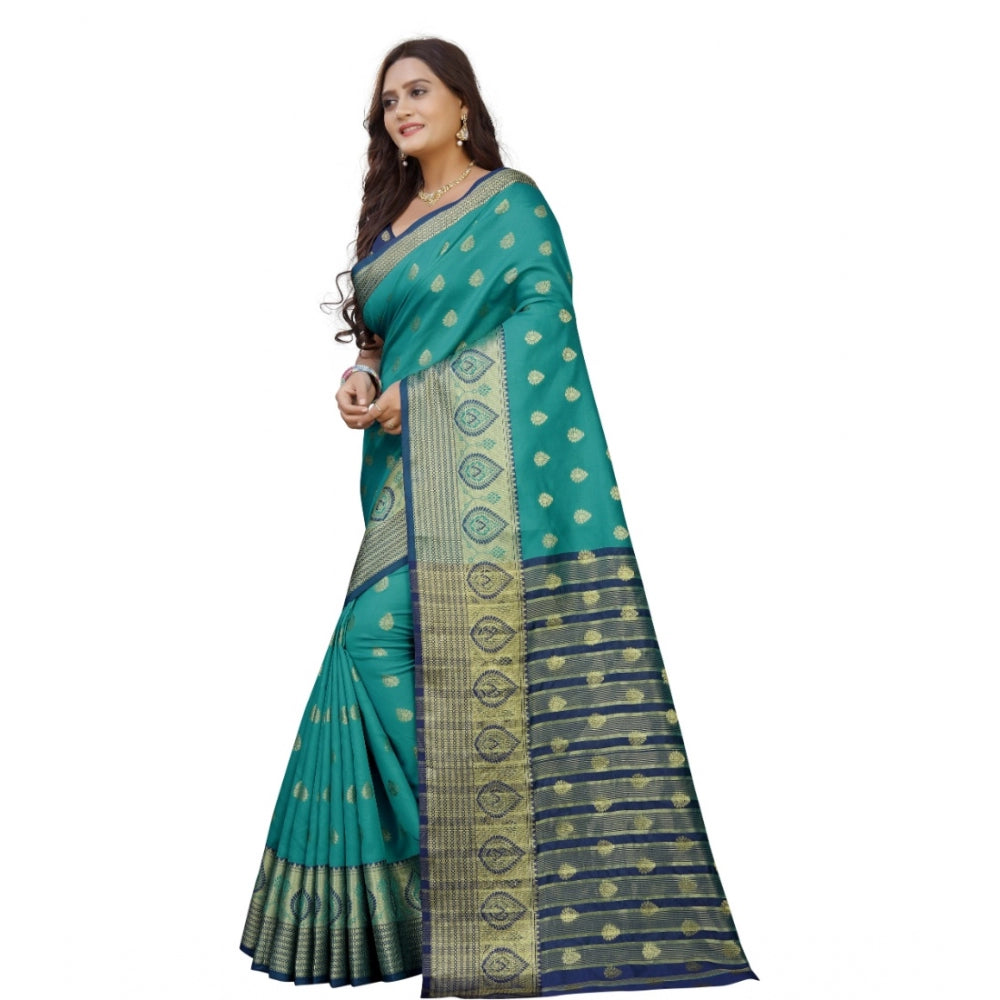 Generic Women's Silk Blend Woven Saree With Unstitched Blouse 5.5Mtr (Dark Blue-Green)