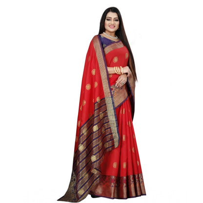 Generic Women's Silk Blend Woven Saree With Unstitched Blouse 5.5Mtr (Red-Blue)