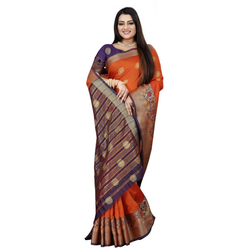 Generic Women's Silk Blend Woven Saree With Unstitched Blouse 5.5Mtr (Blue-Orange)