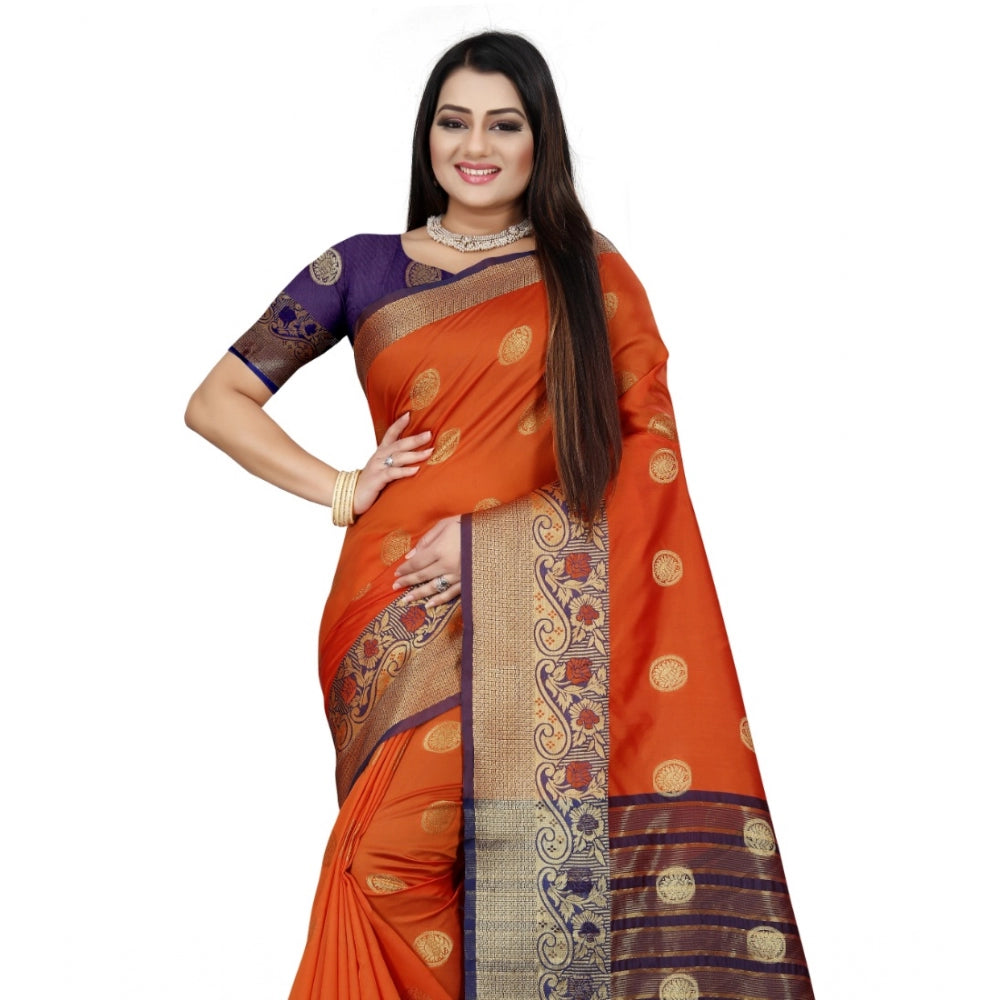 Generic Women's Silk Blend Woven Saree With Unstitched Blouse 5.5Mtr (Blue-Orange)