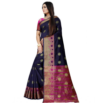 Generic Women's Silk Blend Woven Saree With Unstitched Blouse 5.5Mtr (Dark Blue-Pink)