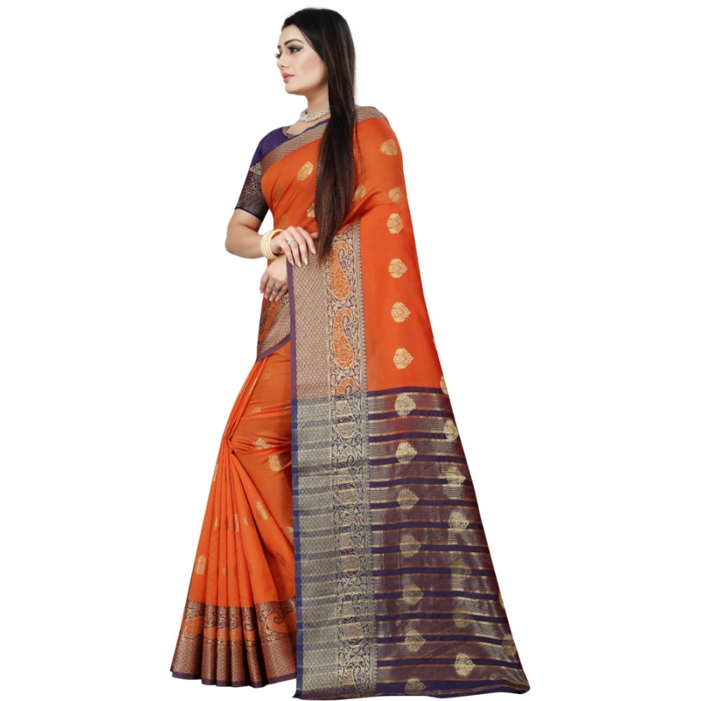 Generic Women's Silk Blend Woven Saree With Unstitched Blouse 5.5Mtr (Purple-Orange)