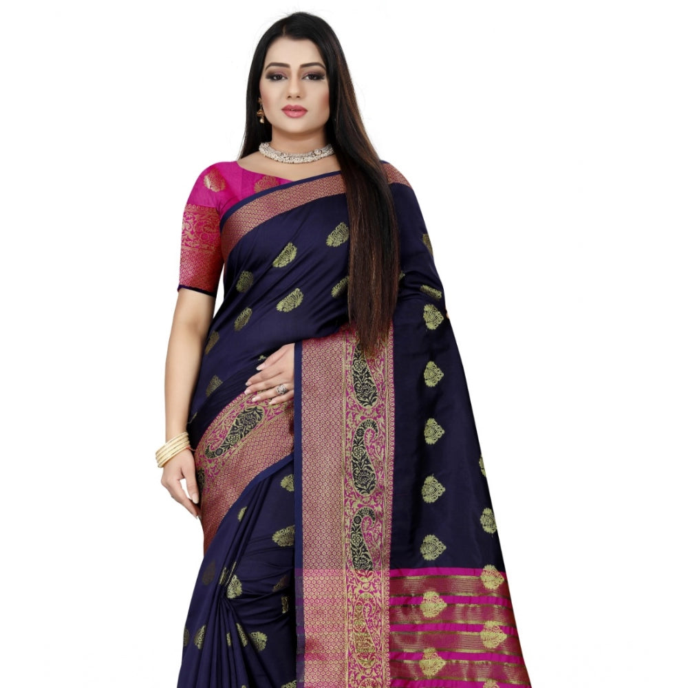 Generic Women's Silk Blend Woven Saree With Unstitched Blouse 5.5Mtr (Dark Blue-Pink)