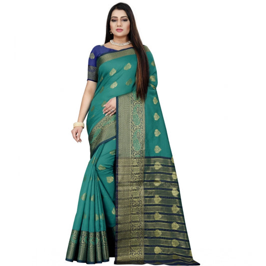 Generic Women's Silk Blend Woven Saree With Unstitched Blouse 5.5Mtr (Dark Blue-Green)