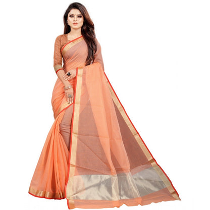 Generic Women's Cotton Silk Checkered Saree With Unstitched Blouse 5.5Mtr (Orange)