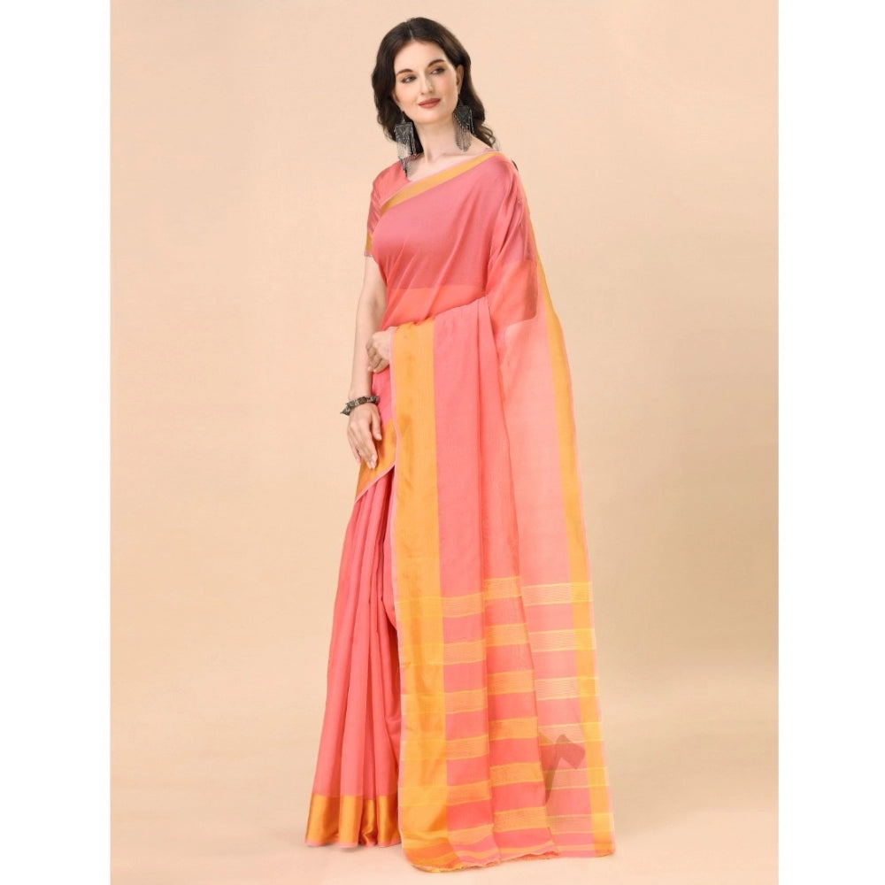 Generic Women's Cotton Silk Striped Saree With Unstitched Blouse 5.5Mtr (Pink)