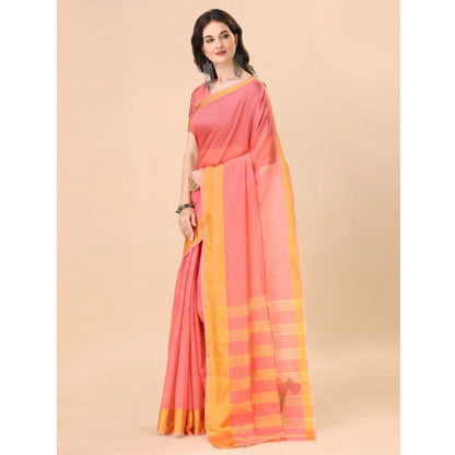 Generic Women's Cotton Silk Striped Saree With Unstitched Blouse 5.5Mtr (Pink)