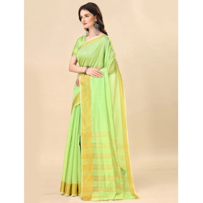 Generic Women's Cotton Silk Striped Saree With Unstitched Blouse 5.5Mtr (Green)