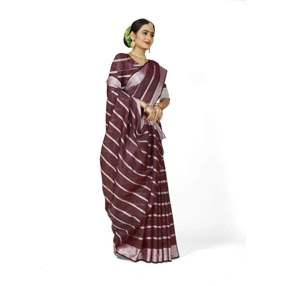 Generic Women's Cotton Silk Striped Saree With Unstitched Blouse 5.5Mtr (Maroon)