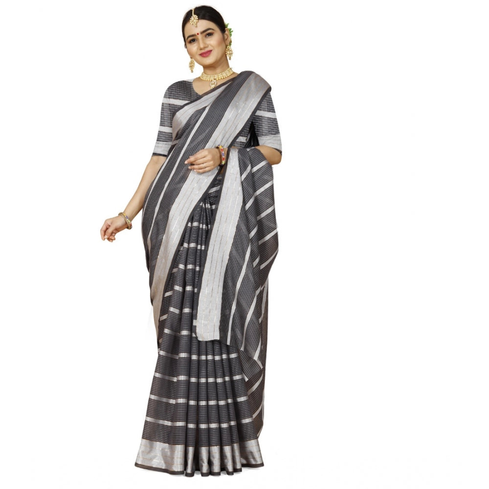 Generic Women's Cotton Silk Striped Saree With Unstitched Blouse 5.5Mtr (Grey)