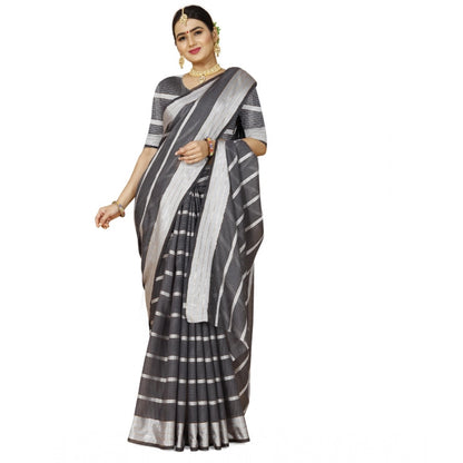 Generic Women's Cotton Silk Striped Saree With Unstitched Blouse 5.5Mtr (Grey)