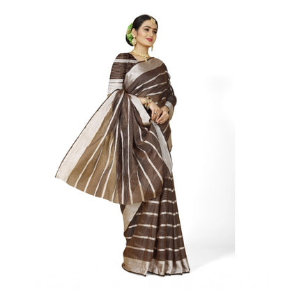 Generic Women's Cotton Silk Striped Saree With Unstitched Blouse 5.5Mtr (Brown)