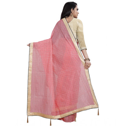 Generic Women's Cotton Silk Checkered Saree With Unstitched Blouse 5.5Mtr (Pink)