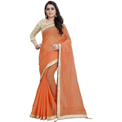 Generic Women's Cotton Silk Checkered Saree With Unstitched Blouse 5.5Mtr (Orange)