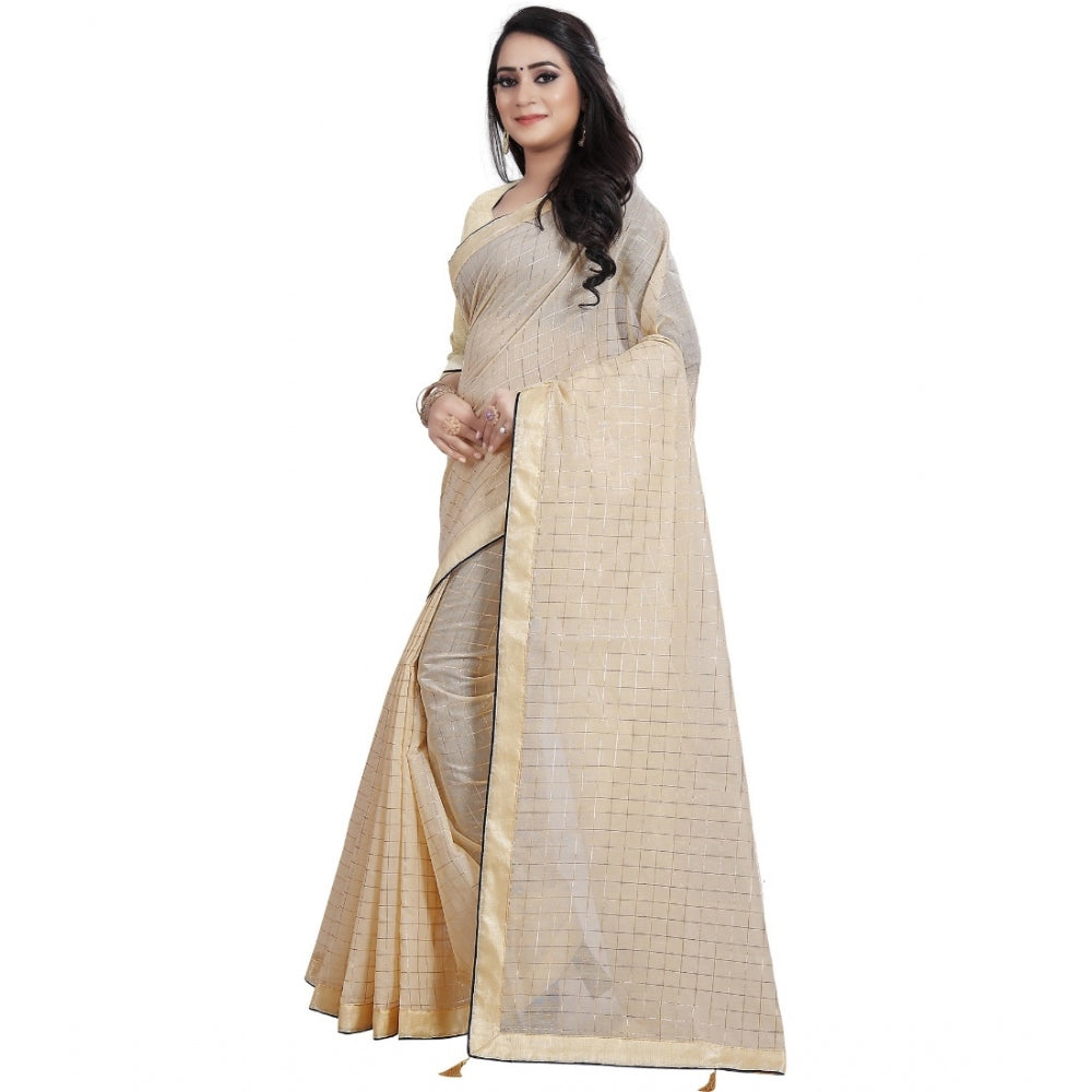 Generic Women's Cotton Silk Checkered Saree With Unstitched Blouse 5.5Mtr (Cream)