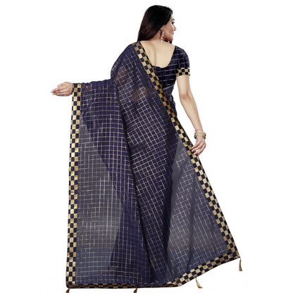 Generic Women's Cotton Silk Checkered Saree With Unstitched Blouse 5.5Mtr (Multicolor)