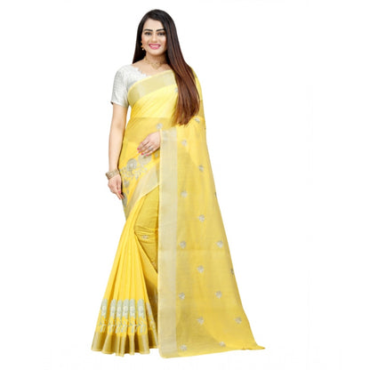 Generic Women's Cotton Silk Embroidered Saree With Unstitched Blouse 5.5Mtr (Yellow)