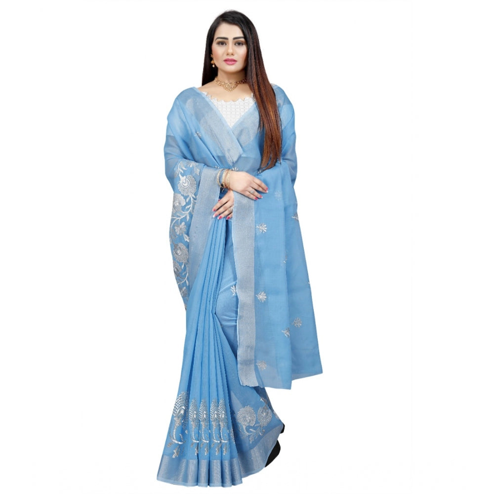 Generic Women's Cotton Silk Embroidered Saree With Unstitched Blouse 5.5Mtr (Light Blue)