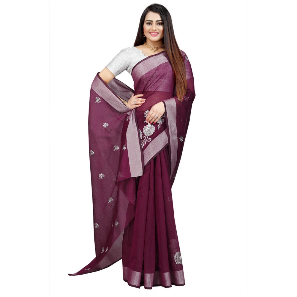 Generic Women's Cotton Silk Embroidered Saree With Unstitched Blouse 5.5Mtr (Purple)