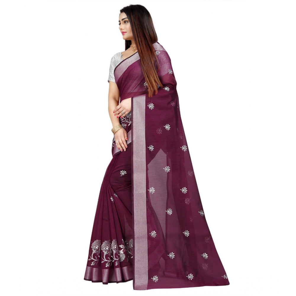 Generic Women's Cotton Silk Embroidered Saree With Unstitched Blouse 5.5Mtr (Purple)